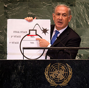 Benjamin Netanyahu, Prime Minister of Israel, uses a diagram of a bomb to describe Iran's nuclear program while delivering his address to the 67th United Nations General Assembly meeting September 27, 2012 at the United Nations in New York. (AFP Photo/Don Emmert)