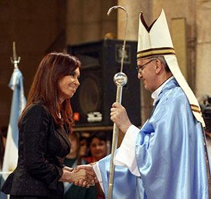 Argentine President Cristina Fernandez de Kirchner (L) greets Argentine Cardinal Jorge Bergoglio at the Basilica of Lujan, December 22, 2008. (Reuters)